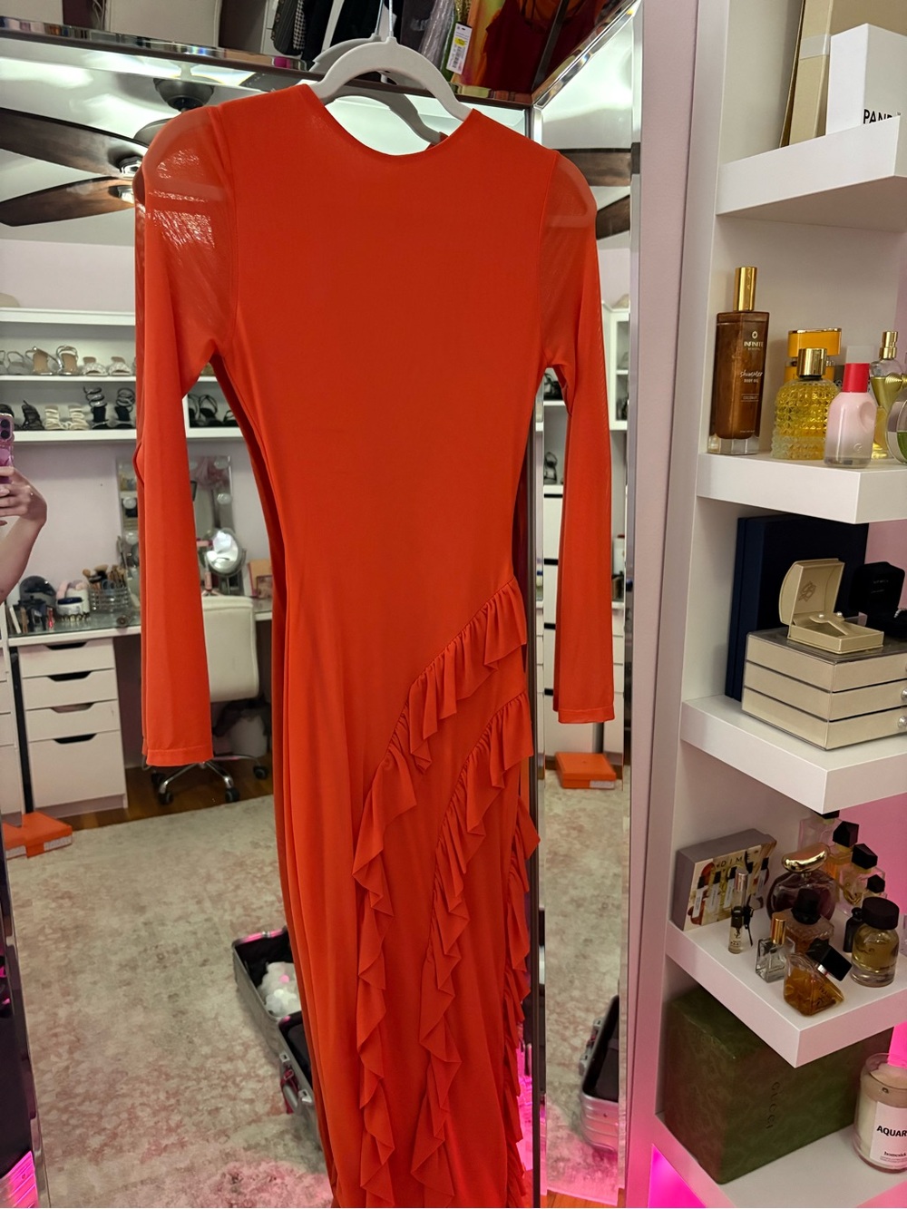 Fashion Nova Orange Long-Sleeve Ruffle Asymmetrical Maxi Dress - Picture 3 of 4